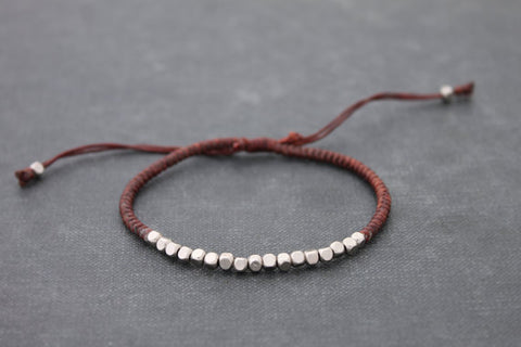 Brown Beaded Woven Bracelets Silver Cube Adjustable