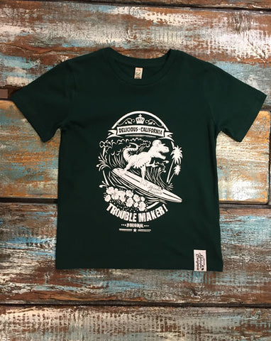 Surfing T-Rex (Bottle Green) - Kids T-Shirt