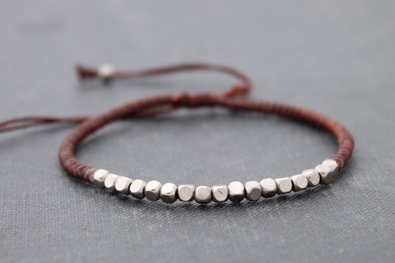 Brown Beaded Woven Bracelets Silver Cube Adjustable - Delicious California