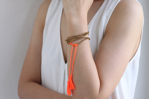Simple Long Orange Tassel Brass Necklace Wrap Bracelet - Delicious California