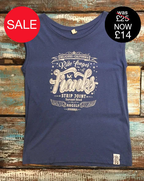 Women's Sleeveless Graphic T-Shirt- 'Franks Strip Joint' - Delicious California