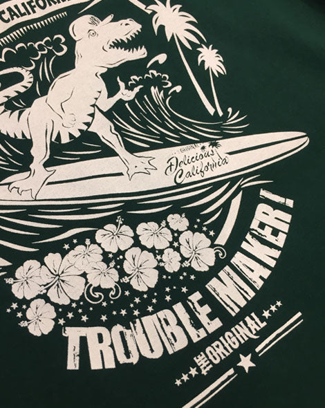 Surfing T-Rex (Bottle Green) - Kids T-Shirt - Delicious California