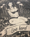 Women's Graphic T-Shirt - 'Love Slow' pinup/tattoo design - Delicious California