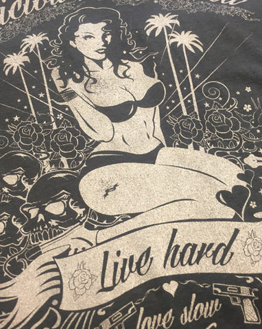 Women's Graphic T-Shirt - 'Love Slow' pinup/tattoo design